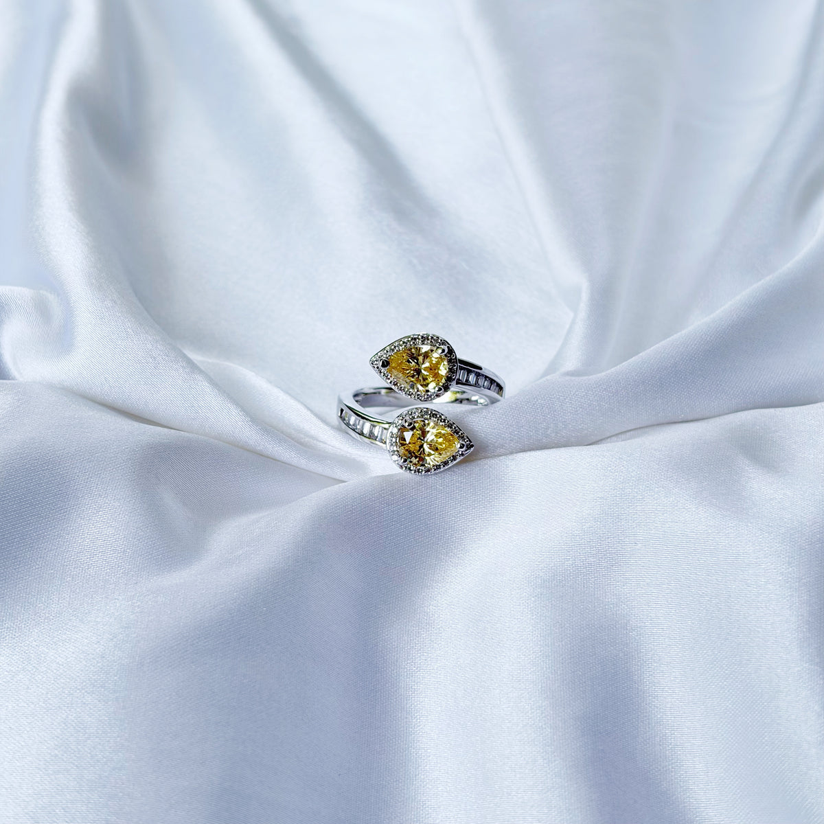 Yellow Topaz Cubic Zirconia Ice Cut American Diamond Silver Plated Adjustable Ring