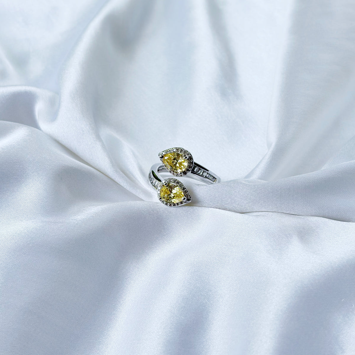 Yellow Topaz Cubic Zirconia Ice Cut American Diamond Silver Plated Adjustable Ring