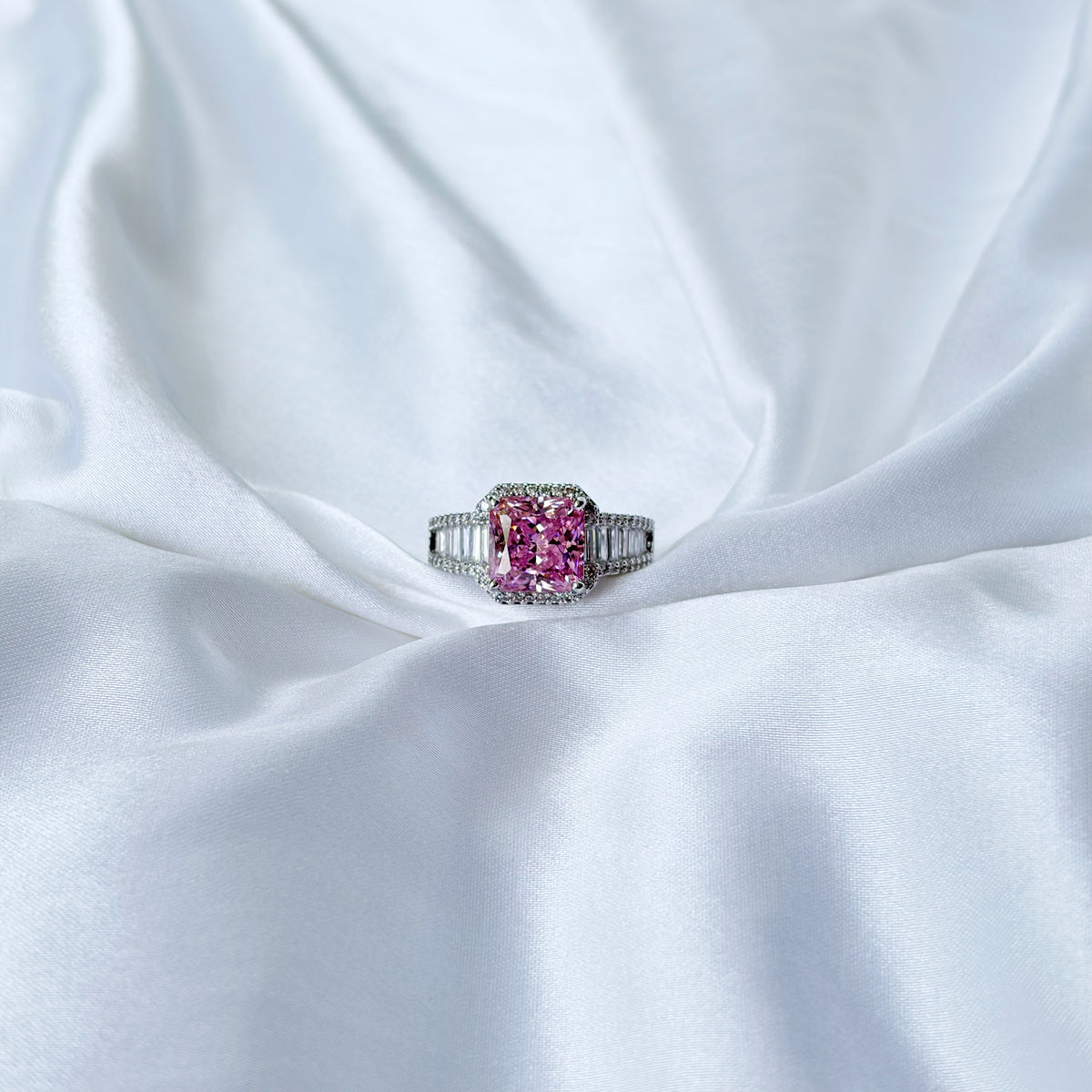 Pink Topaz Cubic Zirconia Ice Cut American Diamond Silver Plated Adjustable Ring