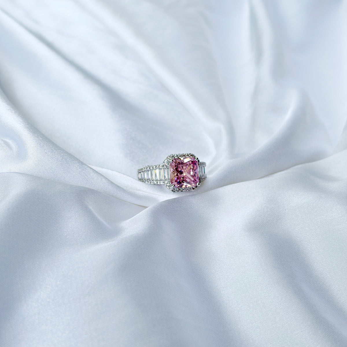 Pink Topaz Cubic Zirconia Ice Cut American Diamond Silver Plated Adjustable Ring