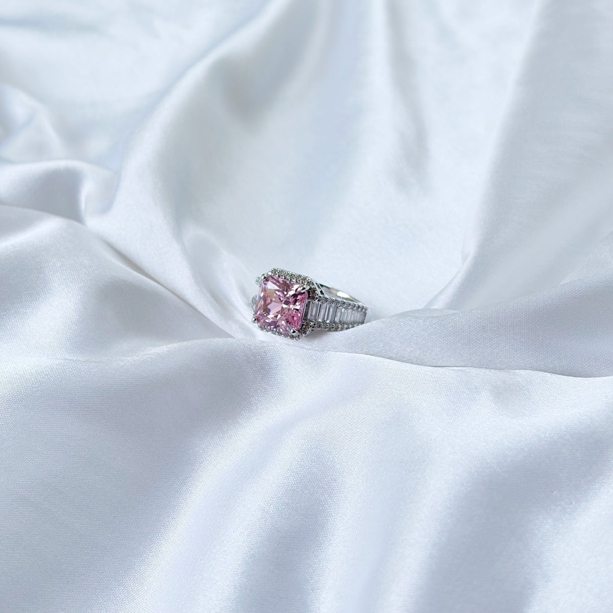 Pink Topaz Cubic Zirconia Ice Cut American Diamond Silver Plated Adjustable Ring