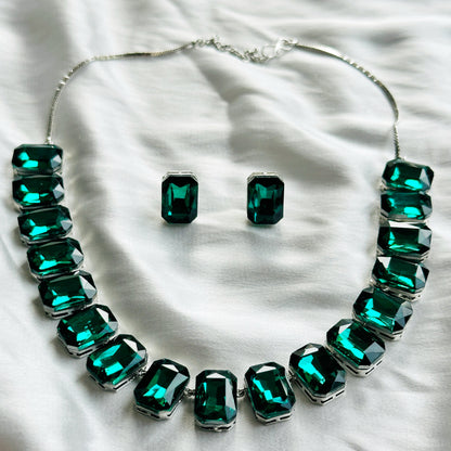 Green Emerald Swarovski Crystal Silver Plated Necklace Set