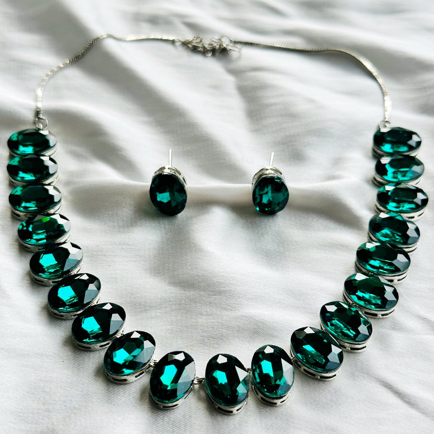 Green Emerald Swarovski Crystal Silver Plated Necklace Set