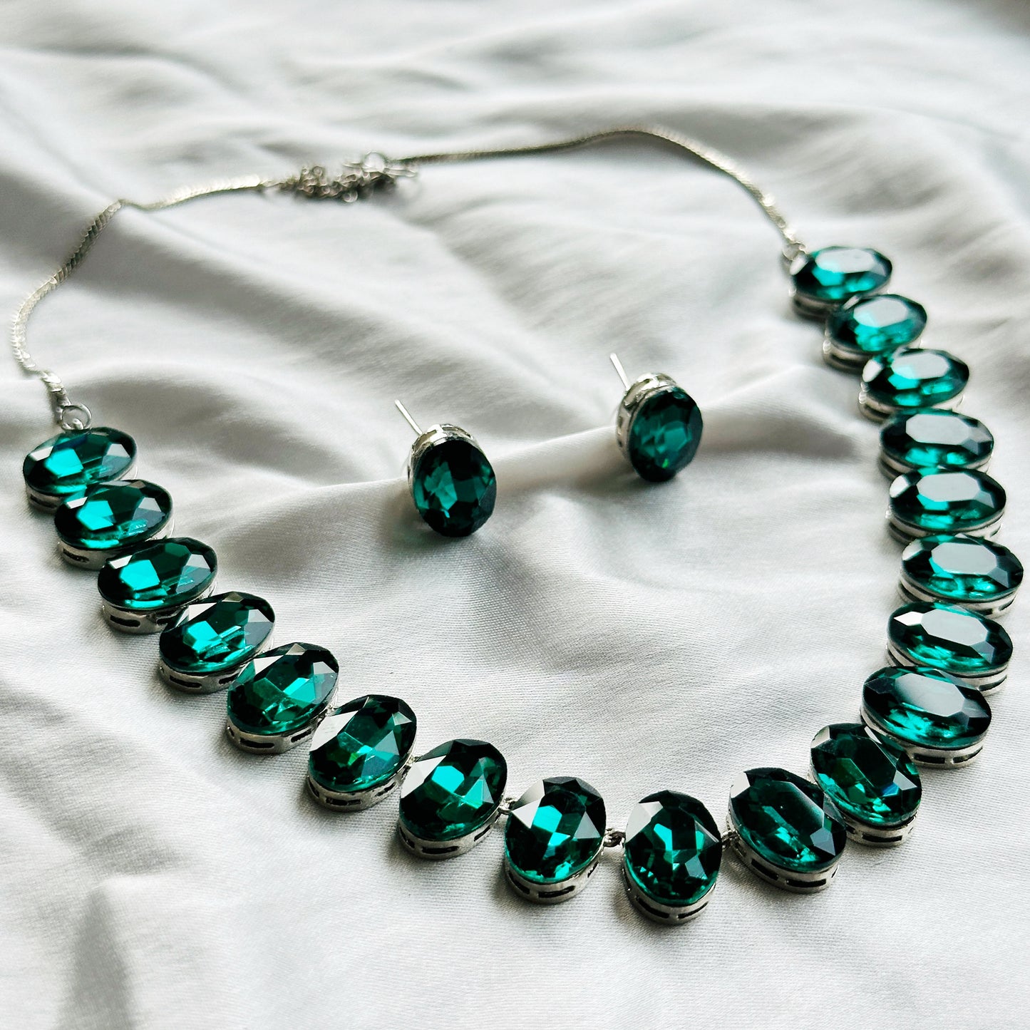 Green Emerald Swarovski Crystal Silver Plated Necklace Set