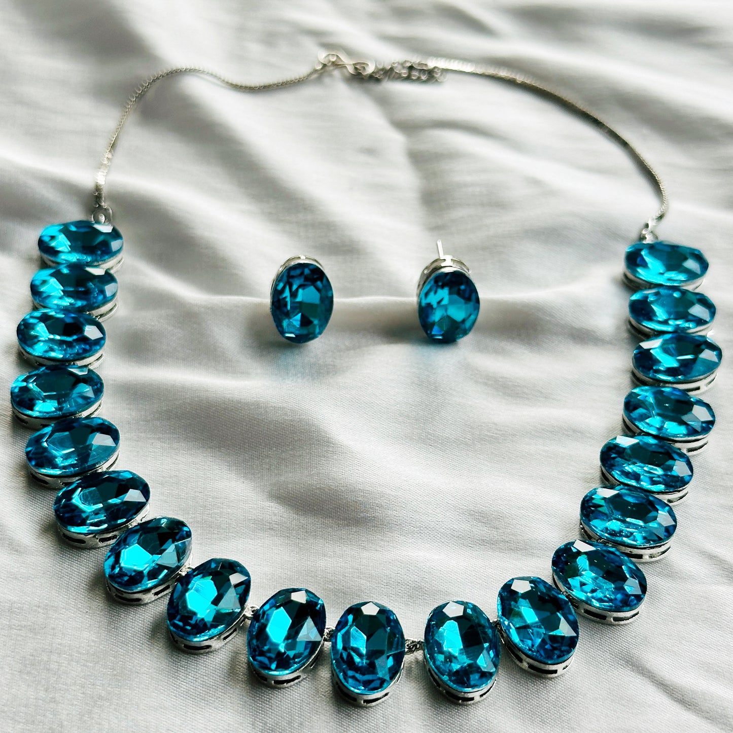 Aqua Blue Indicolite Swarovski Crystal Silver Plated Necklace Set