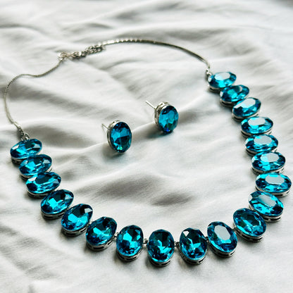 Aqua Blue Indicolite Swarovski Crystal Silver Plated Necklace Set