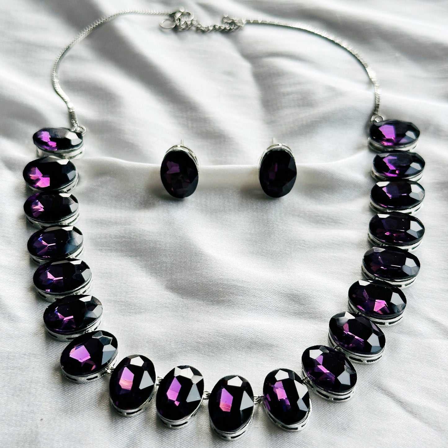 Deep Purple Amethyst Swarovski Crystal Silver Plated Necklace Set