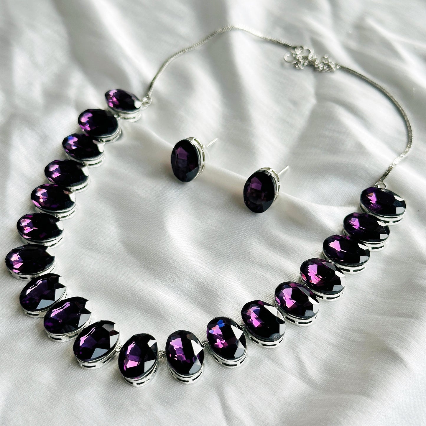 Deep Purple Amethyst Swarovski Crystal Silver Plated Necklace Set