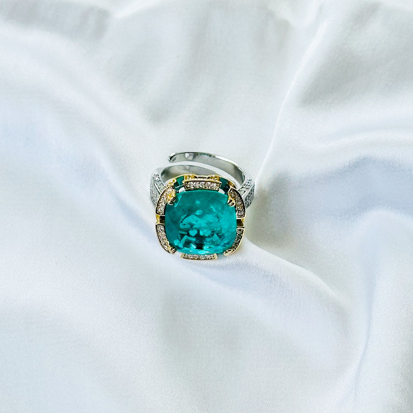 Sea Green Topaz Doublet Stone Zirconia Ice Cut American Diamond Gold/Silver Plated Adjustable Ring