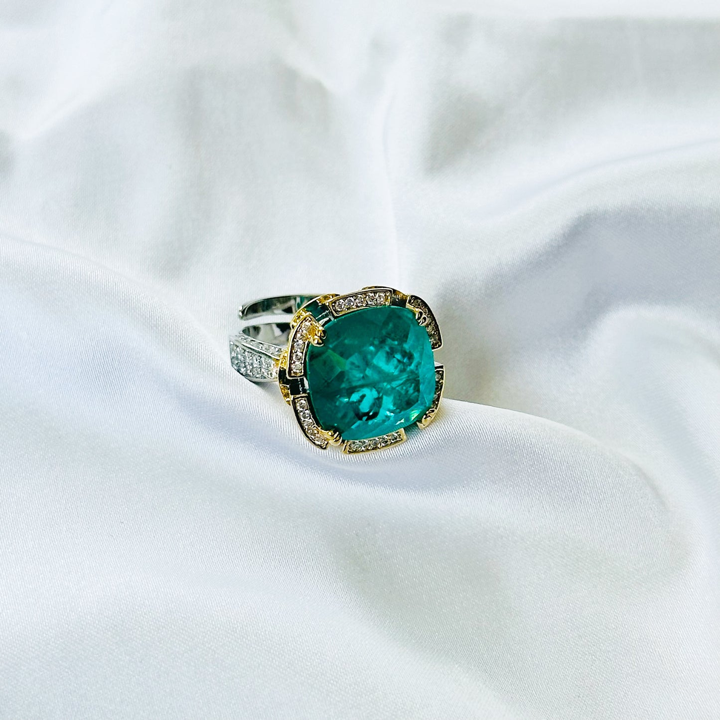 Sea Green Topaz Doublet Stone Zirconia Ice Cut American Diamond Gold/Silver Plated Adjustable Ring