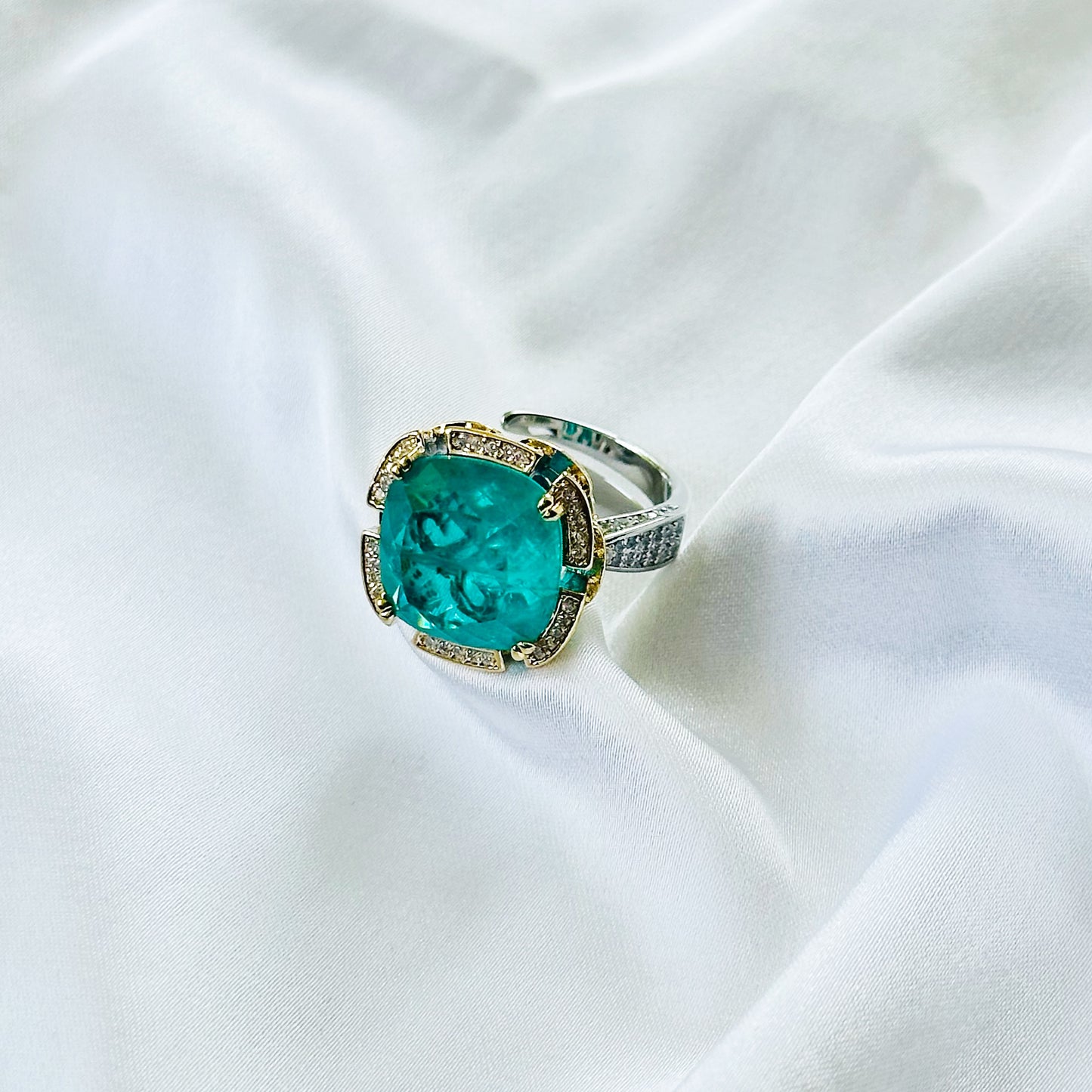 Sea Green Topaz Doublet Stone Zirconia Ice Cut American Diamond Gold/Silver Plated Adjustable Ring