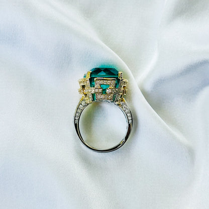 Sea Green Topaz Doublet Stone Zirconia Ice Cut American Diamond Gold/Silver Plated Adjustable Ring