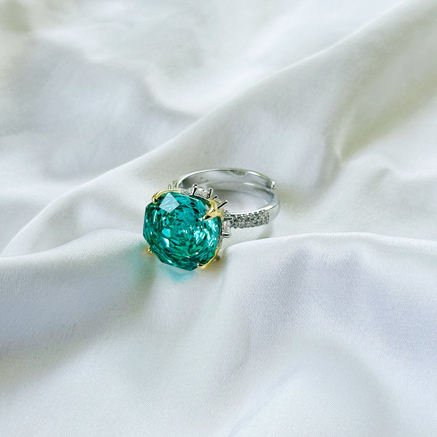 Sea Green Topaz Cubic Zirconia Ice Cut American Diamond Gold/Silver Plated Adjustable Ring