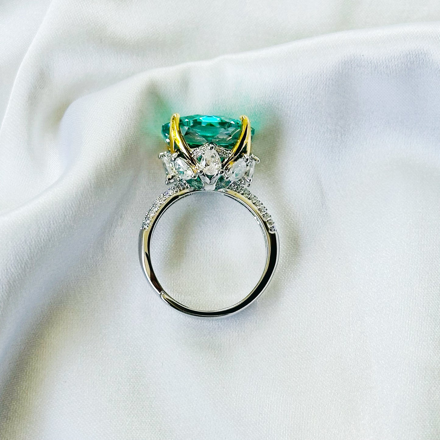 Sea Green Topaz Cubic Zirconia Ice Cut American Diamond Gold/Silver Plated Adjustable Ring