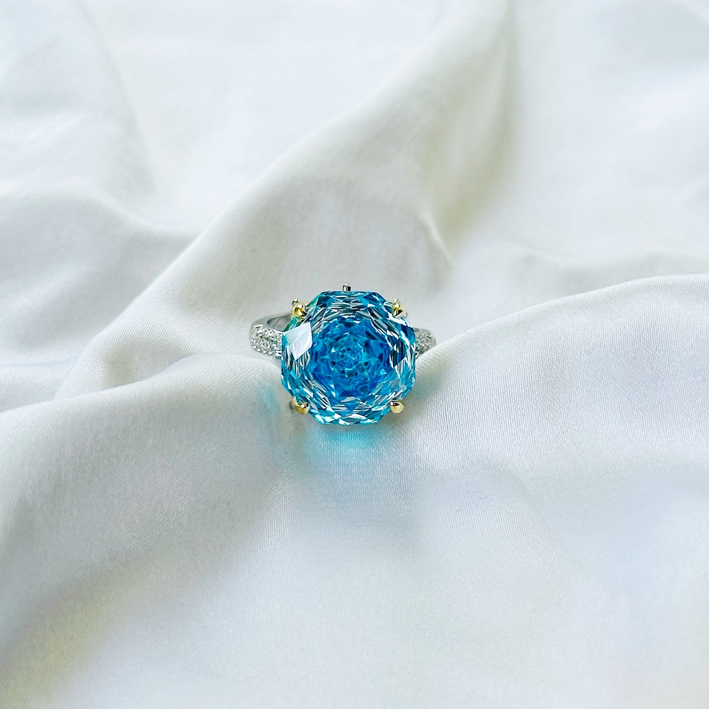 Aqua Blue White Sapphire Cubic Zirconia Ice Cut American Diamond Gold/Silver Plated Adjustable Ring