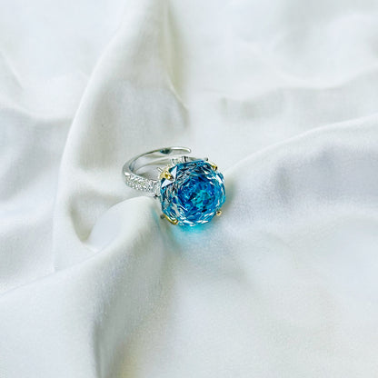 Aqua Blue White Sapphire Cubic Zirconia Ice Cut American Diamond Gold/Silver Plated Adjustable Ring