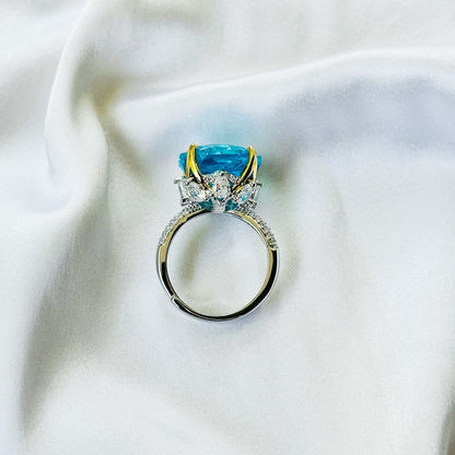 Aqua Blue White Sapphire Cubic Zirconia Ice Cut American Diamond Gold/Silver Plated Adjustable Ring