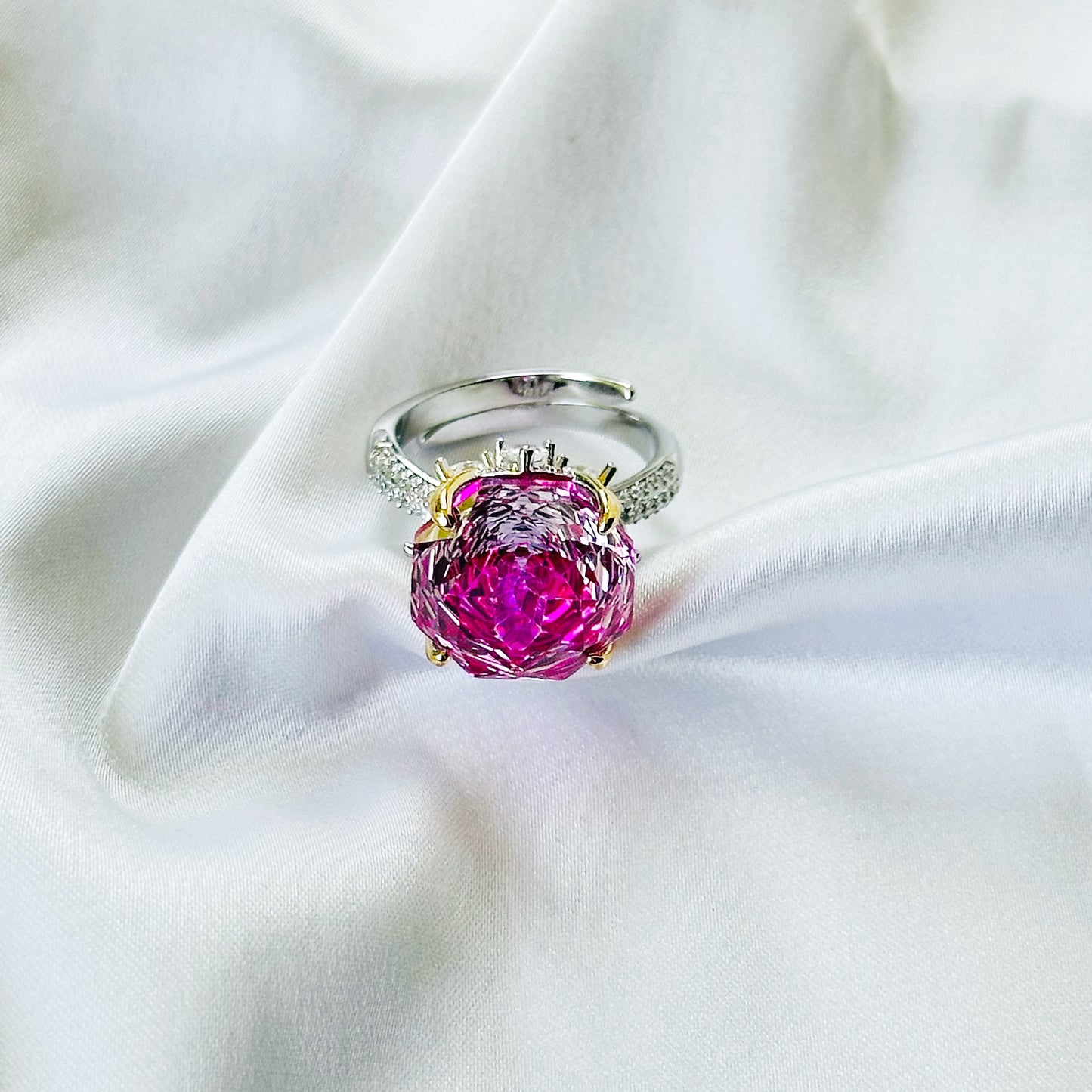 Fuchsia White Pink Topaz Cubic Zirconia Ice Cut American Diamond Gold/Silver Plated Adjustable Ring