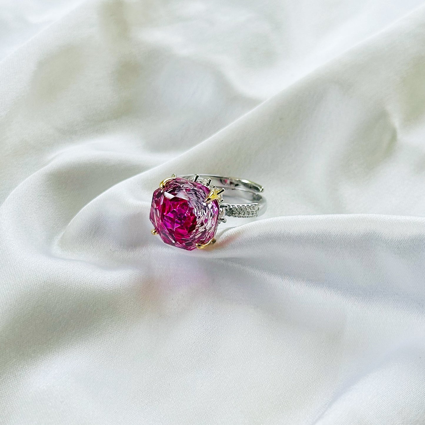 Fuchsia White Pink Topaz Cubic Zirconia Ice Cut American Diamond Gold/Silver Plated Adjustable Ring