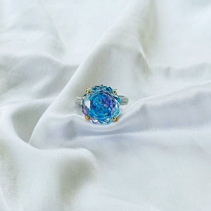 Aqua Blue Vitrail Sapphire Cubic Zirconia Ice Cut American Diamond Gold/Silver Plated Adjustable Ring