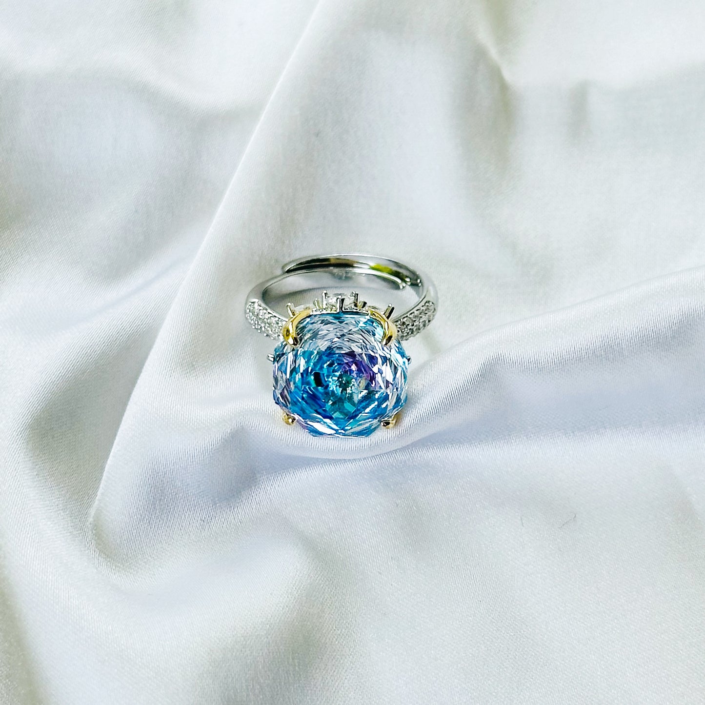 Aqua Blue Vitrail Sapphire Cubic Zirconia Ice Cut American Diamond Gold/Silver Plated Adjustable Ring