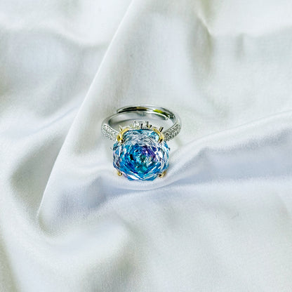 Aqua Blue Vitrail Sapphire Cubic Zirconia Ice Cut American Diamond Gold/Silver Plated Adjustable Ring