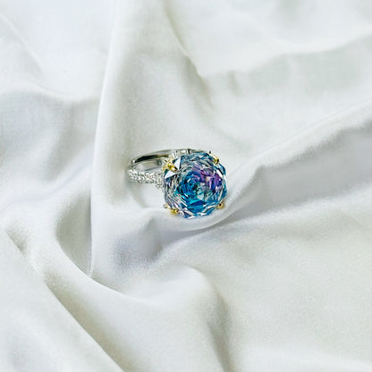 Aqua Blue Vitrail Sapphire Cubic Zirconia Ice Cut American Diamond Gold/Silver Plated Adjustable Ring