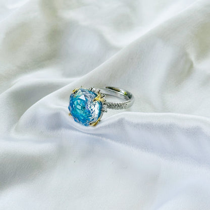 Aqua Blue Vitrail Sapphire Cubic Zirconia Ice Cut American Diamond Gold/Silver Plated Adjustable Ring
