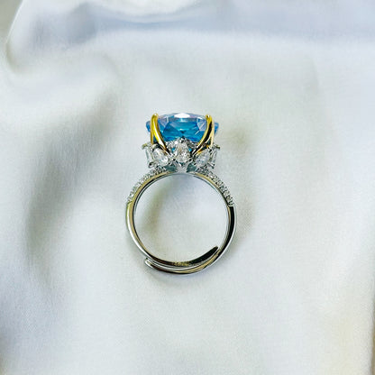 Aqua Blue Vitrail Sapphire Cubic Zirconia Ice Cut American Diamond Gold/Silver Plated Adjustable Ring