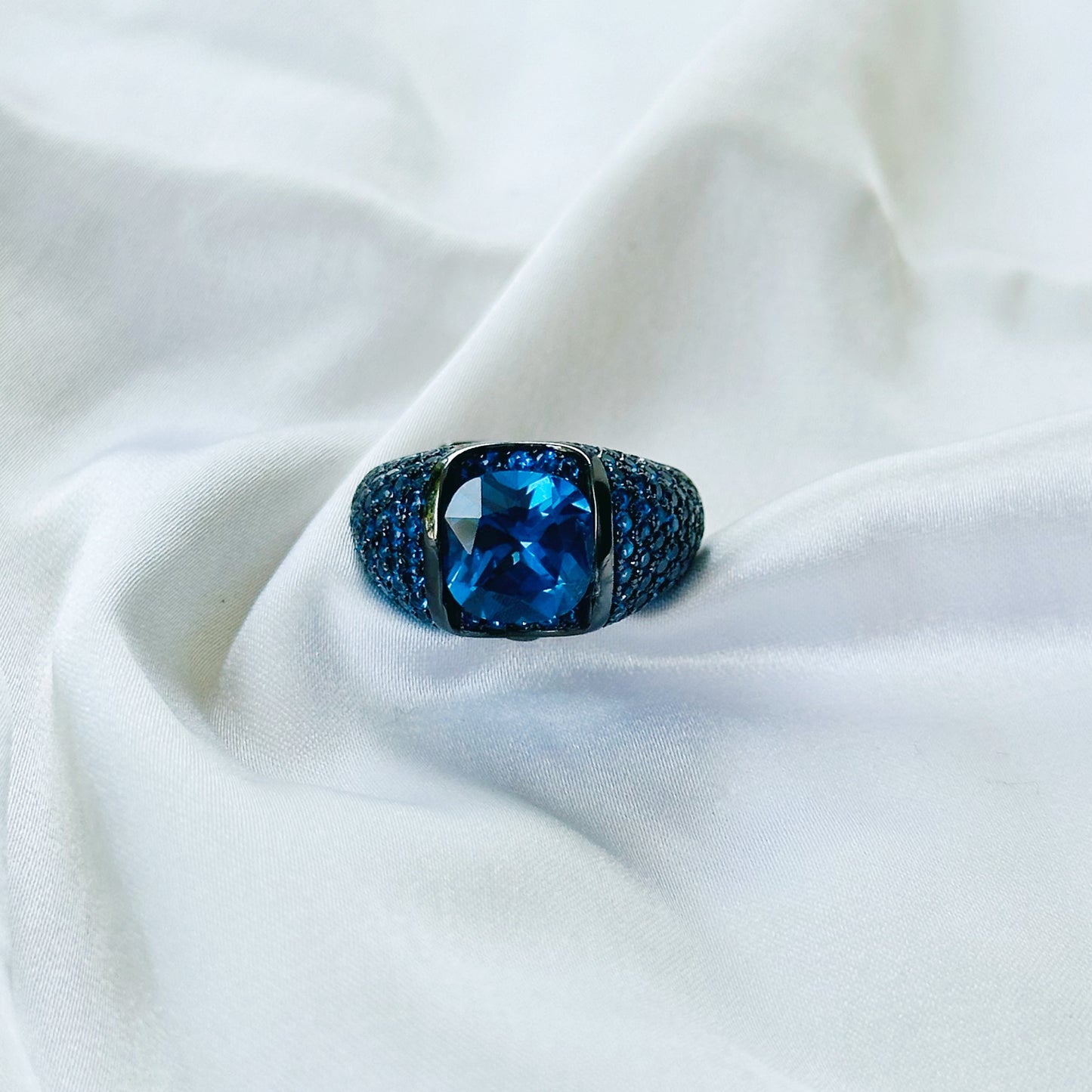 Blue Sapphire Cubic Zirconia Ice Cut American Diamond Victorian Plated Adjustable Ring