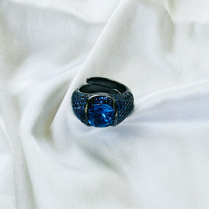 Blue Sapphire Cubic Zirconia Ice Cut American Diamond Victorian Plated Adjustable Ring