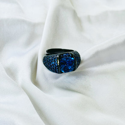 Blue Sapphire Cubic Zirconia Ice Cut American Diamond Victorian Plated Adjustable Ring