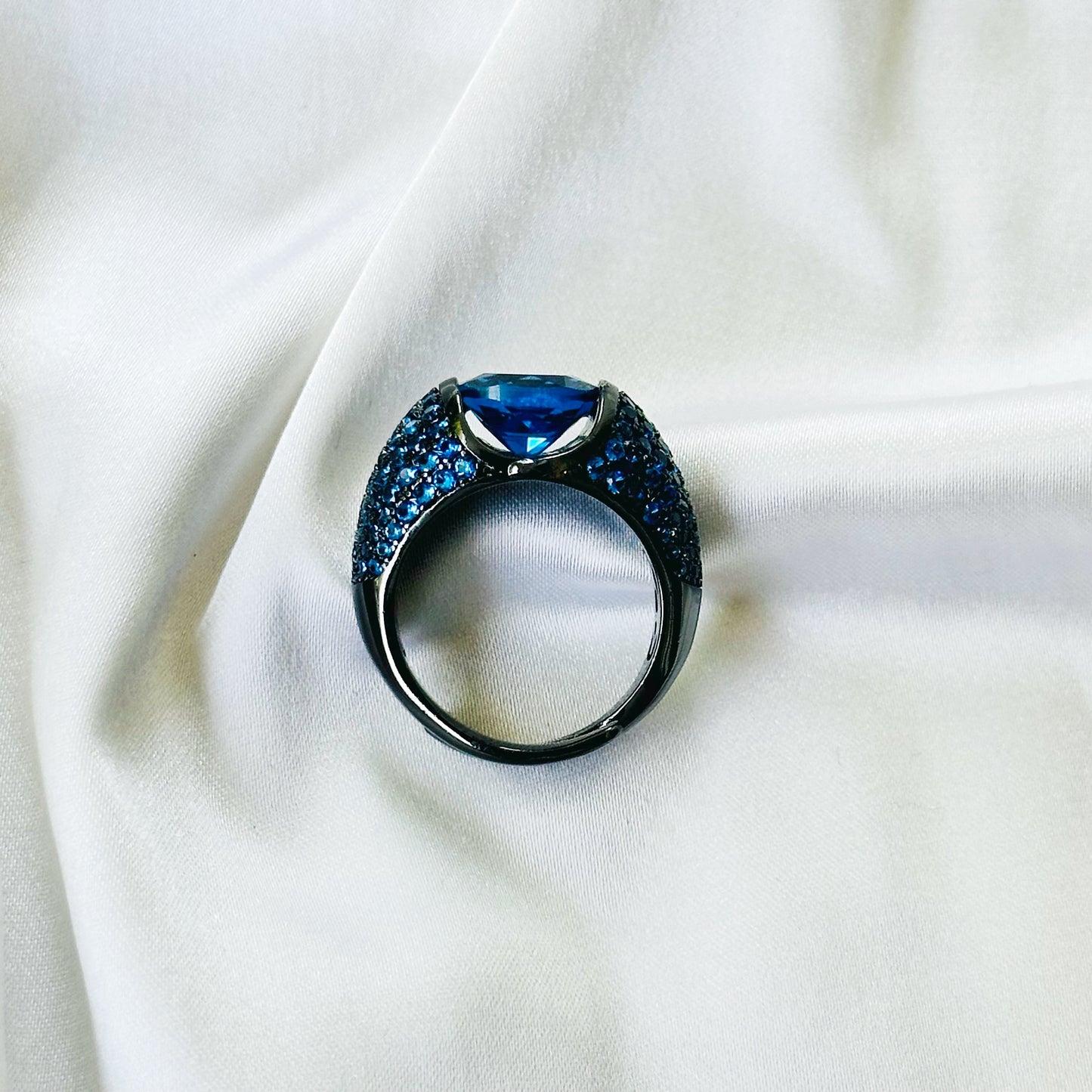 Blue Sapphire Cubic Zirconia Ice Cut American Diamond Victorian Plated Adjustable Ring