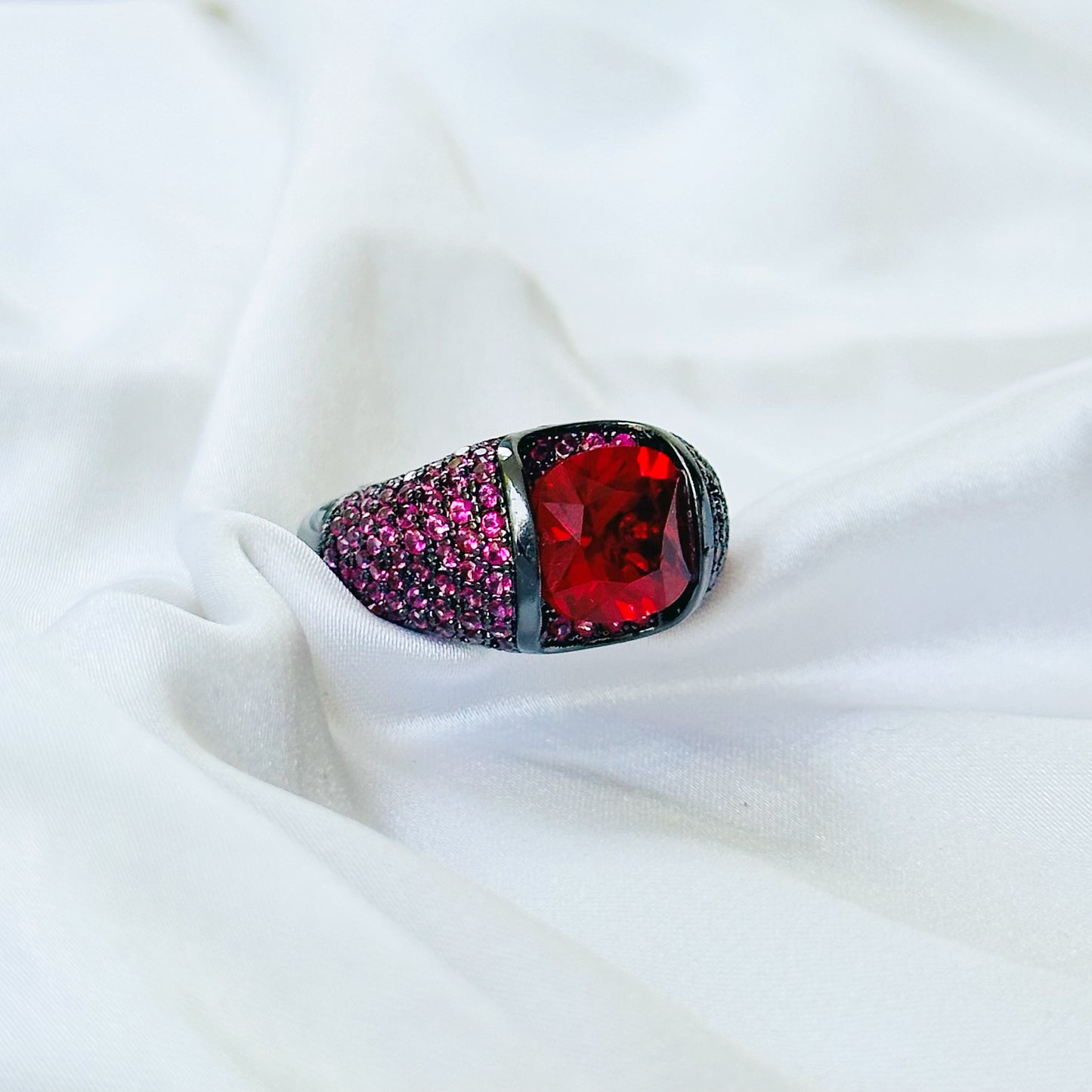 Ruby Cubic Zirconia Pink Ice Cut American Diamond Victorian Plated Adjustable Ring
