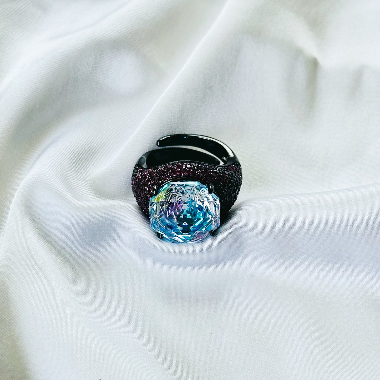 Aqua Blue Vitrail Sapphire Cubic Zirconia Pink Ice Cut American Diamond Victorian Plated Adjustable Ring