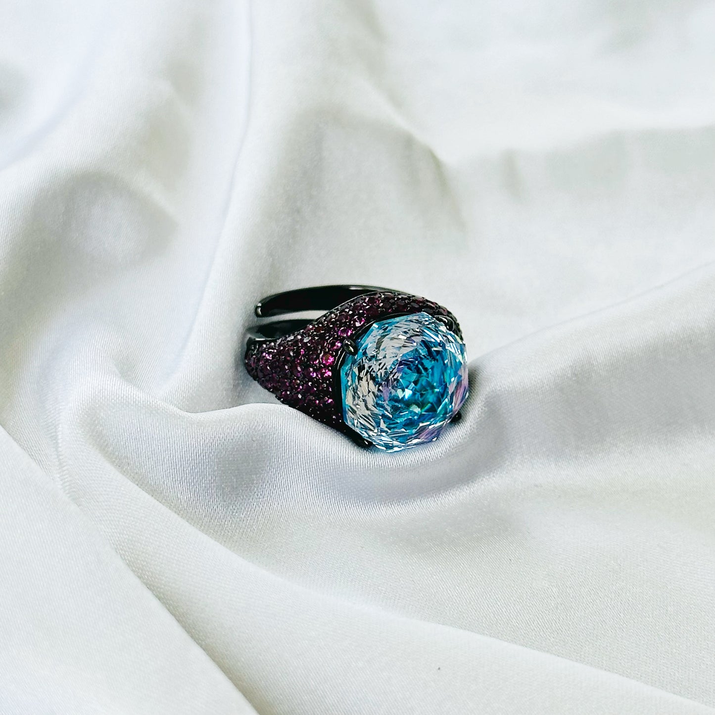 Aqua Blue Vitrail Sapphire Cubic Zirconia Pink Ice Cut American Diamond Victorian Plated Adjustable Ring