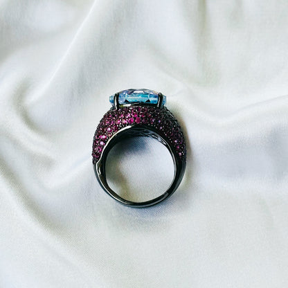 Aqua Blue Vitrail Sapphire Cubic Zirconia Pink Ice Cut American Diamond Victorian Plated Adjustable Ring