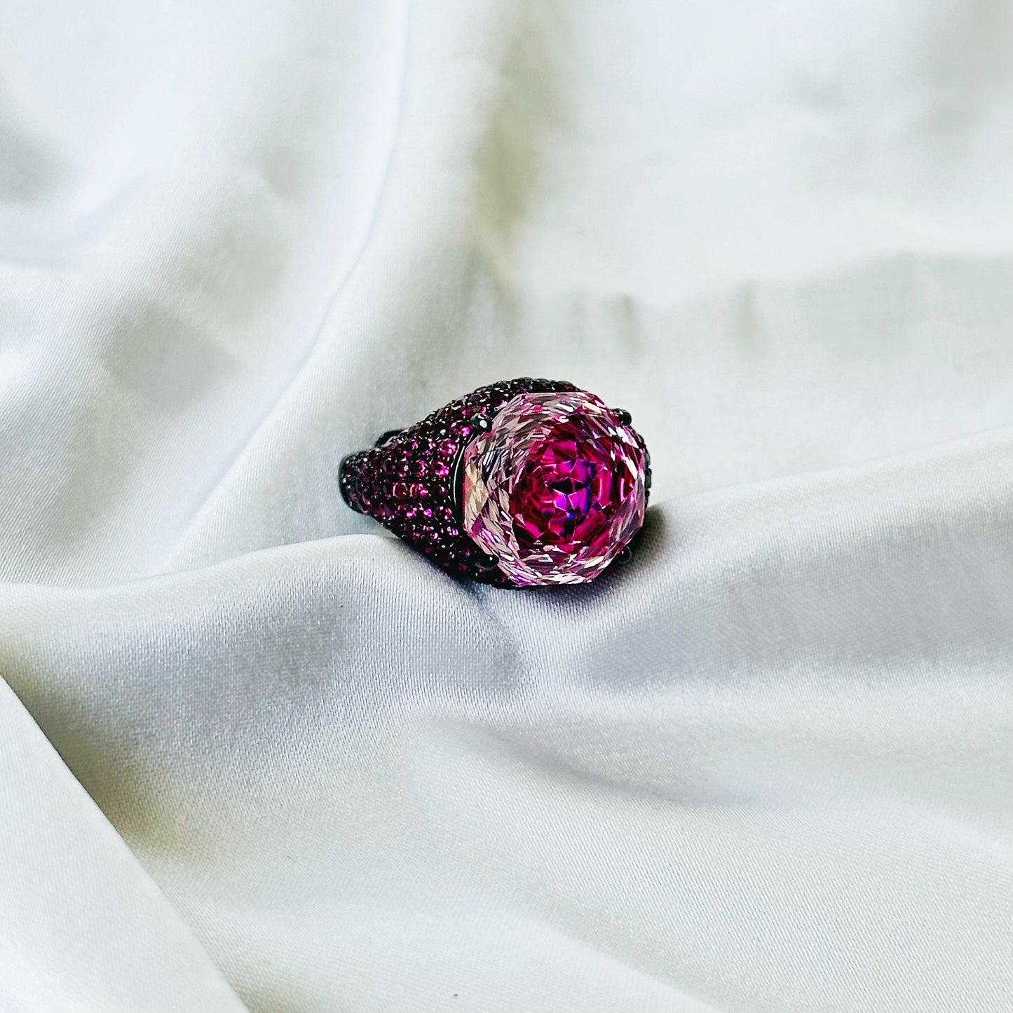Fuchsia White Pink Topaz Cubic Zirconia Pink Ice Cut American Diamond Victorian Plated Adjustable Ring