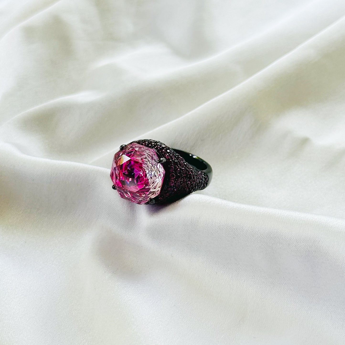 Fuchsia White Pink Topaz Cubic Zirconia Pink Ice Cut American Diamond Victorian Plated Adjustable Ring