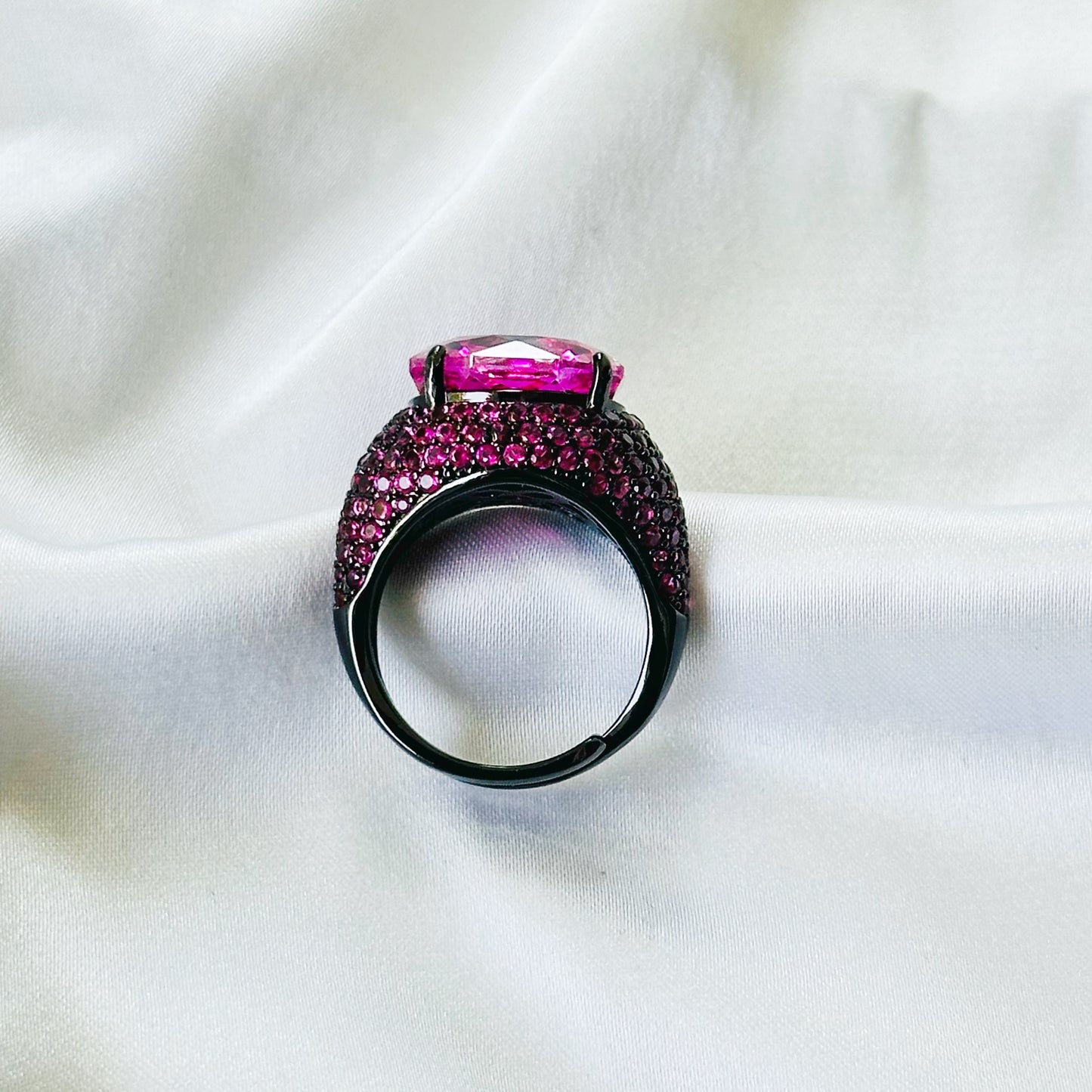 Fuchsia White Pink Topaz Cubic Zirconia Pink Ice Cut American Diamond Victorian Plated Adjustable Ring