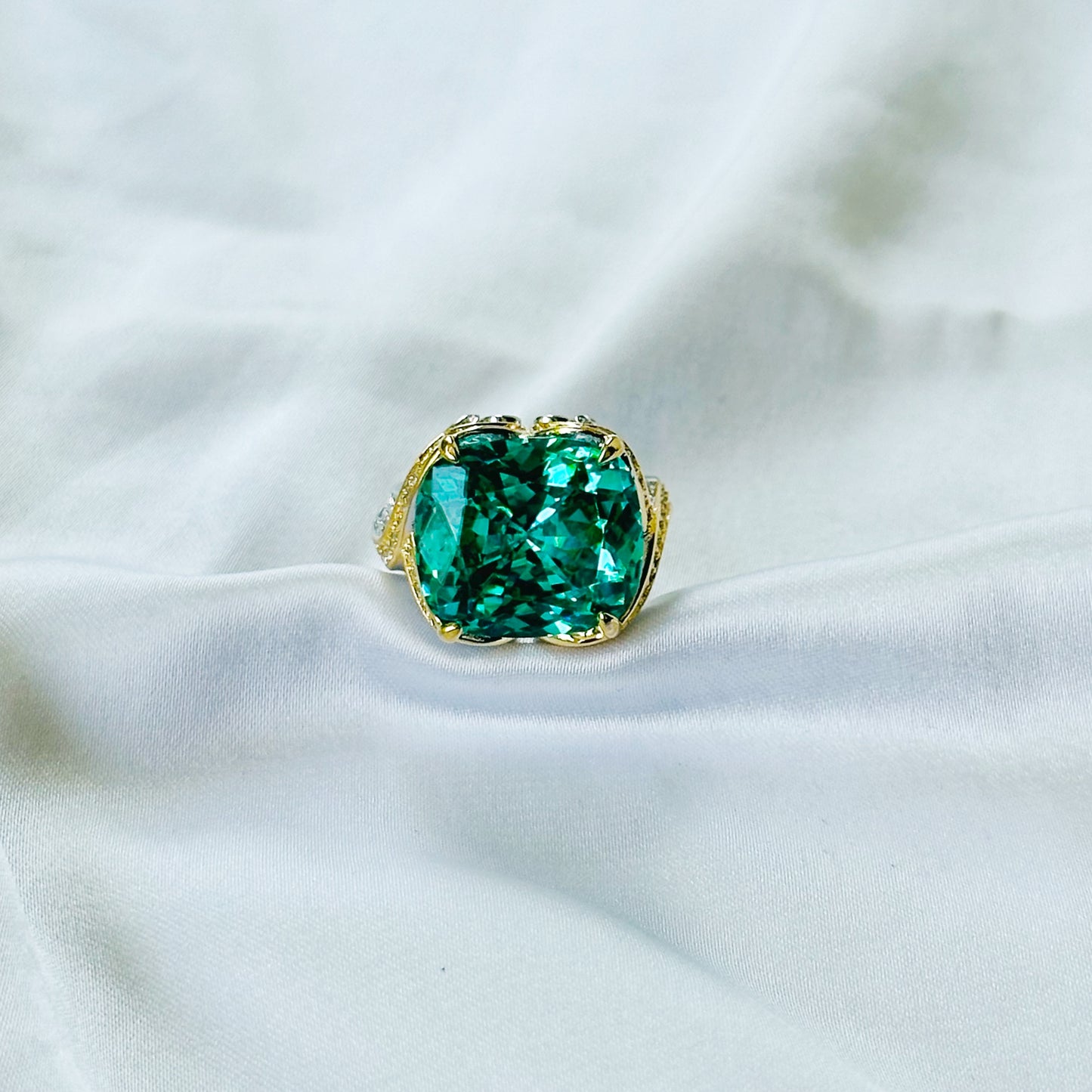 Sea Green Topaz Cubic Zirconia Ice Cut American Diamond Gold/Silver Plated Adjustable Ring