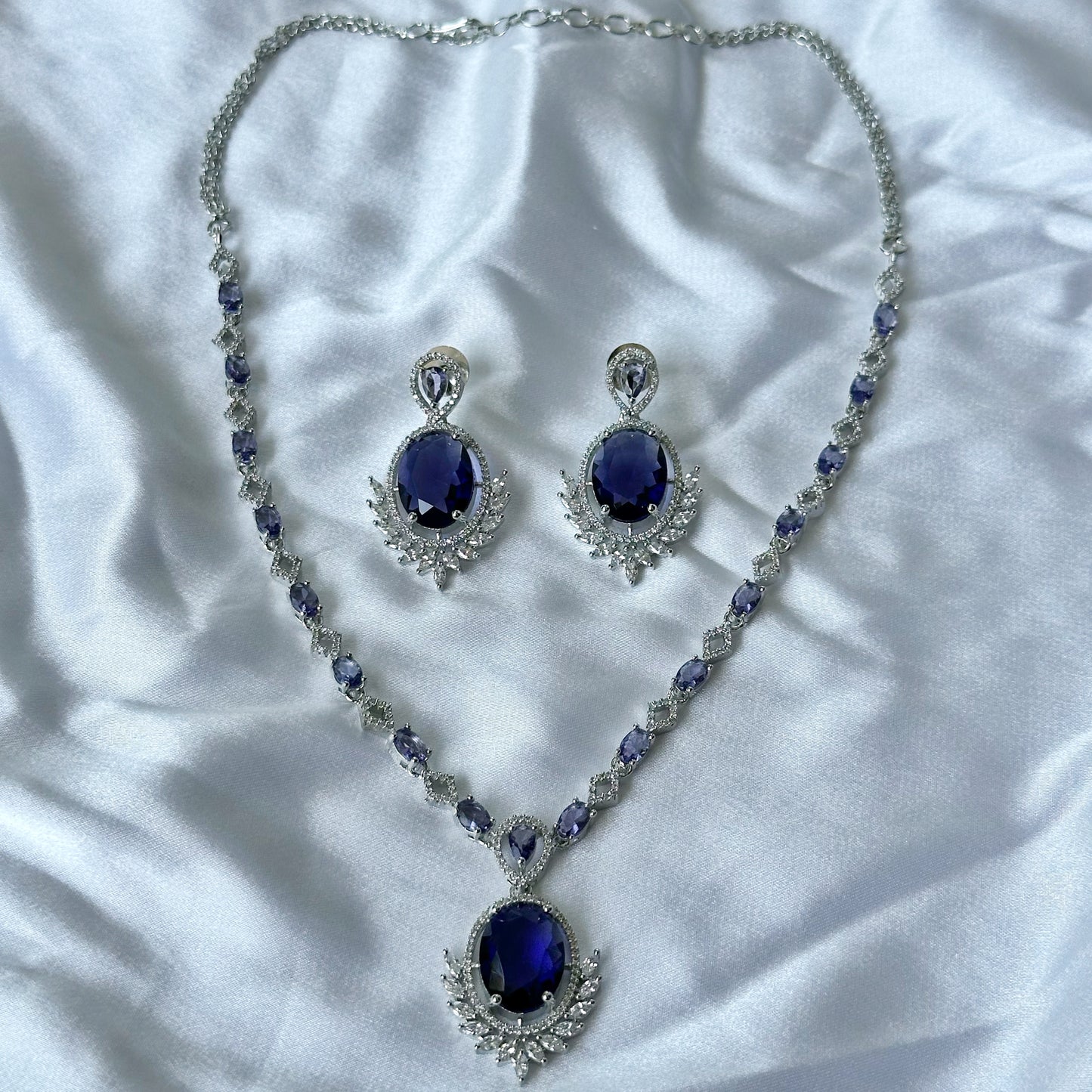 Deep Purple Amethyst Cubic Zircon Stone American Diamond Silver Plated Necklace Set