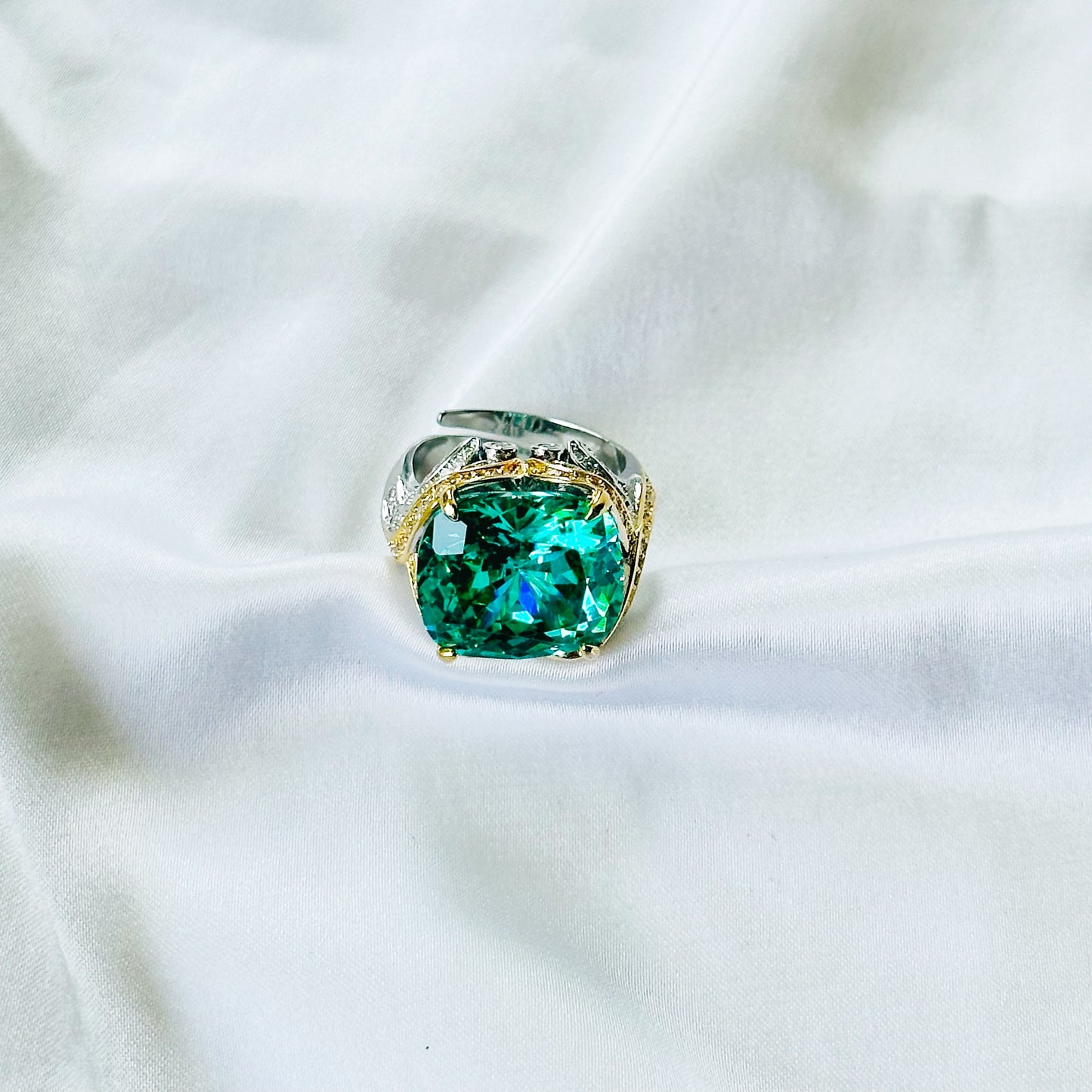 Sea Green Topaz Cubic Zirconia Ice Cut American Diamond Gold/Silver Plated Adjustable Ring