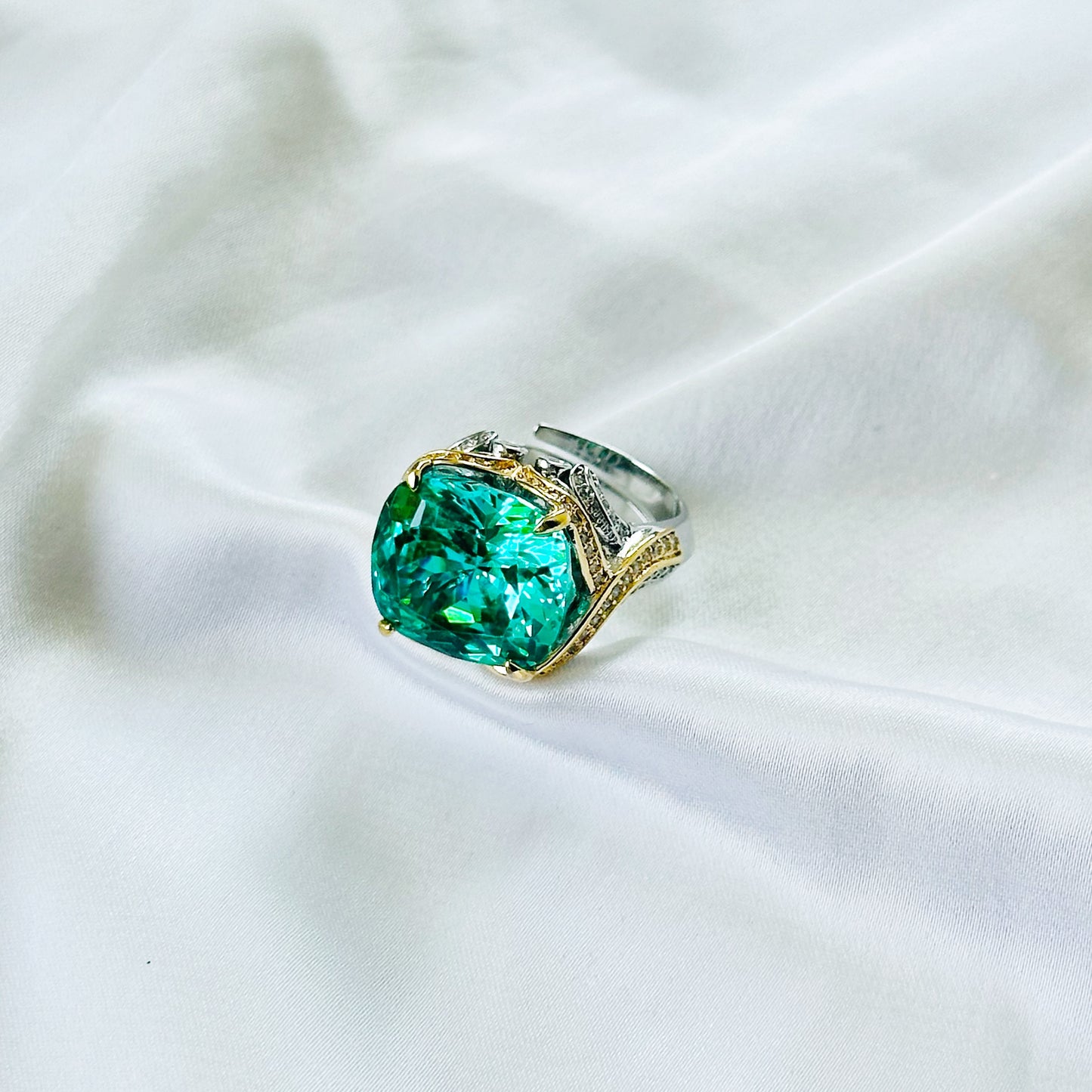 Sea Green Topaz Cubic Zirconia Ice Cut American Diamond Gold/Silver Plated Adjustable Ring