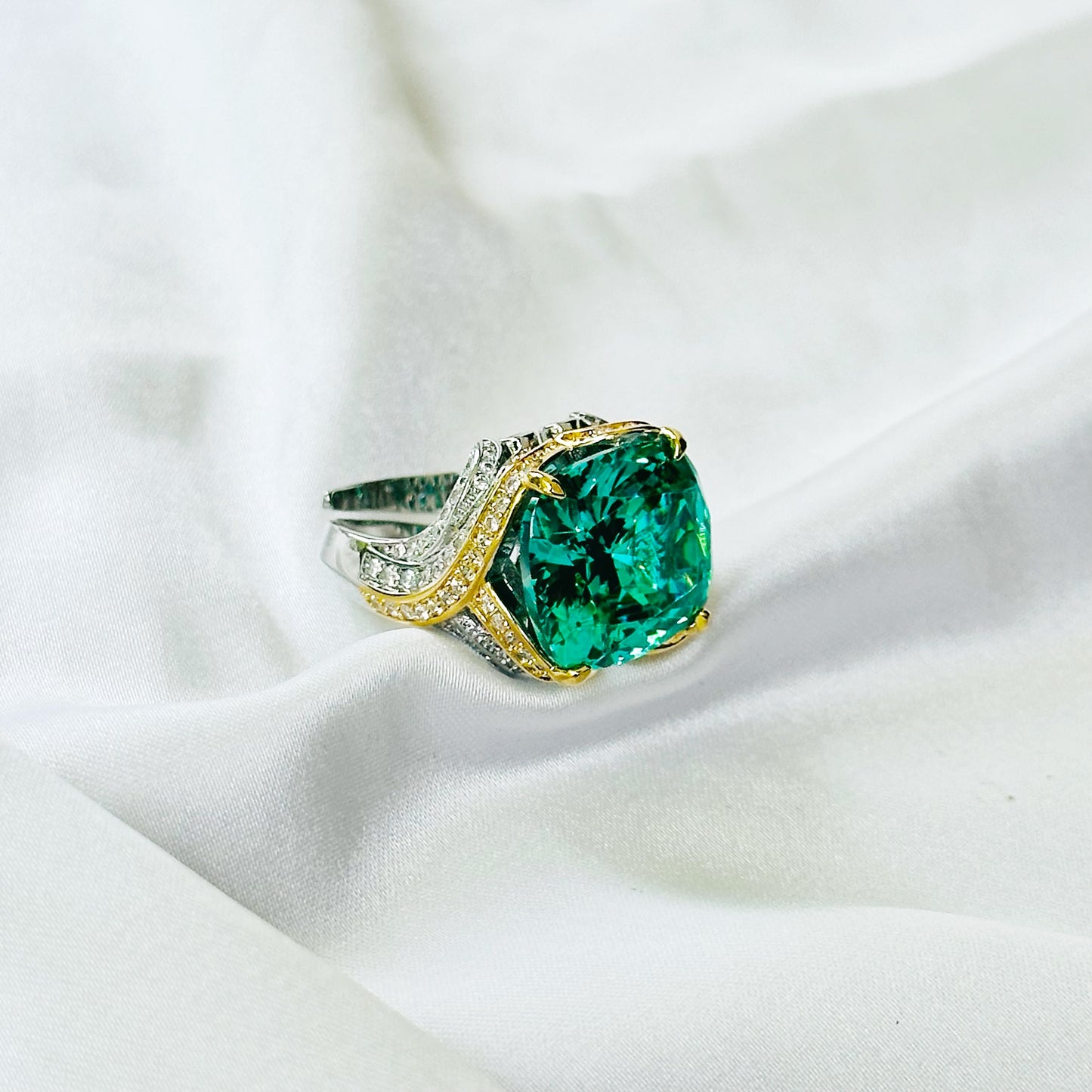 Sea Green Topaz Cubic Zirconia Ice Cut American Diamond Gold/Silver Plated Adjustable Ring
