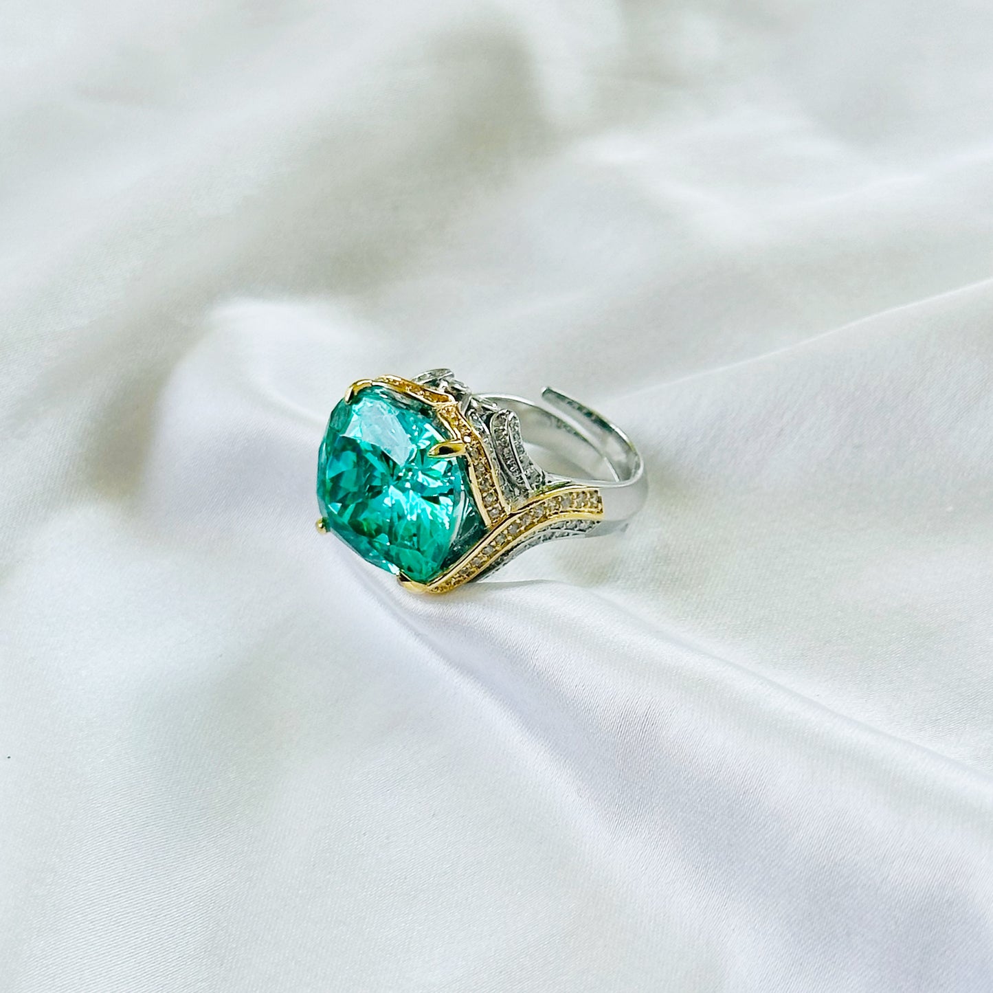 Sea Green Topaz Cubic Zirconia Ice Cut American Diamond Gold/Silver Plated Adjustable Ring