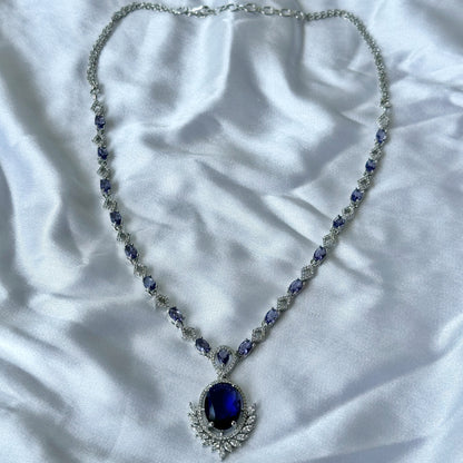 Deep Purple Amethyst Cubic Zircon Stone American Diamond Silver Plated Necklace Set