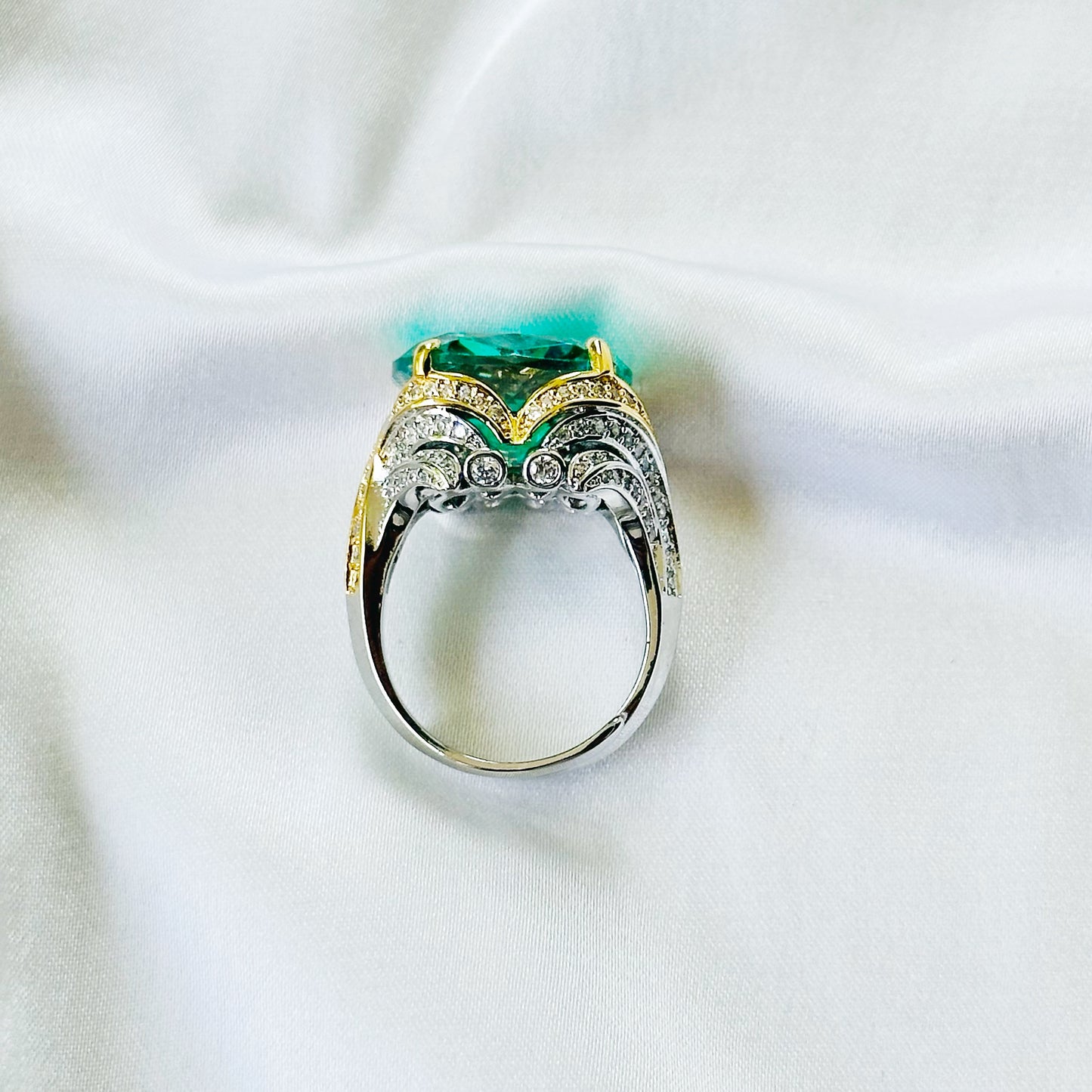 Sea Green Topaz Cubic Zirconia Ice Cut American Diamond Gold/Silver Plated Adjustable Ring