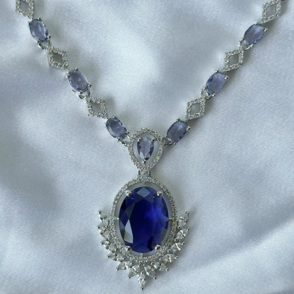 Deep Purple Amethyst Cubic Zircon Stone American Diamond Silver Plated Necklace Set