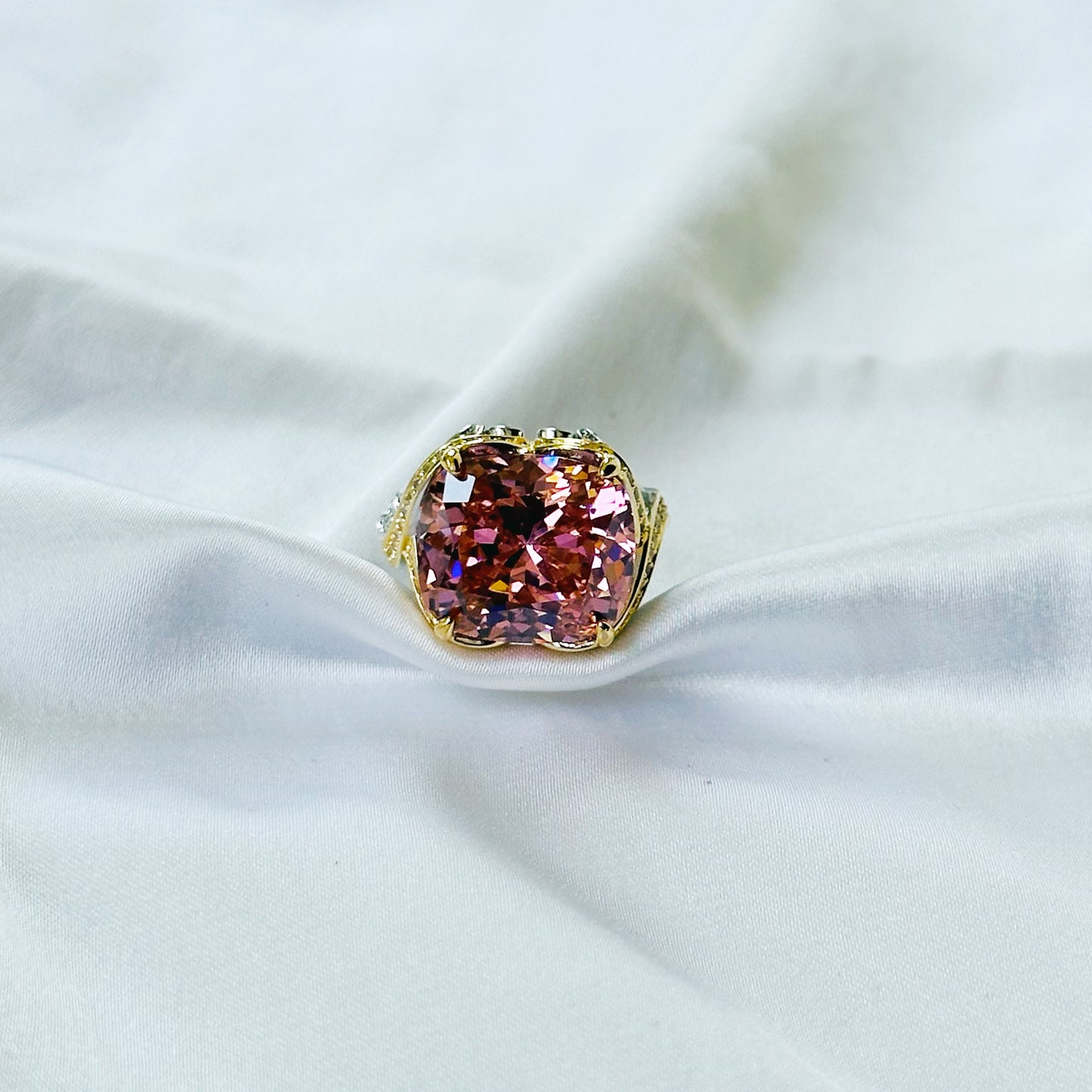 Pink Topaz Cubic Zirconia Ice Cut American Diamond Gold/Silver Plated Adjustable Ring